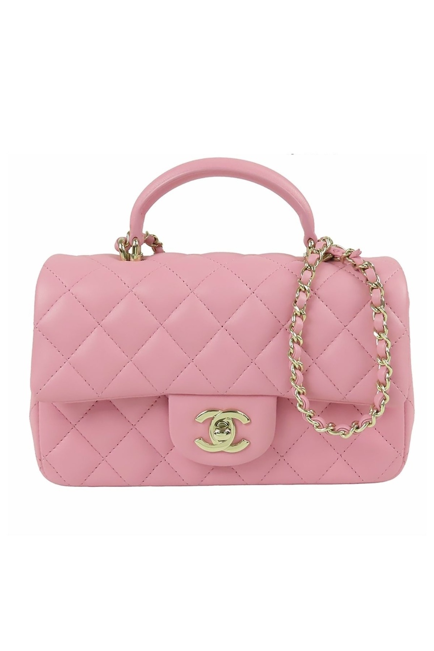 Chanel Top Handle Mini Flap Bag Pink Gold Lambskin Quilted Chain